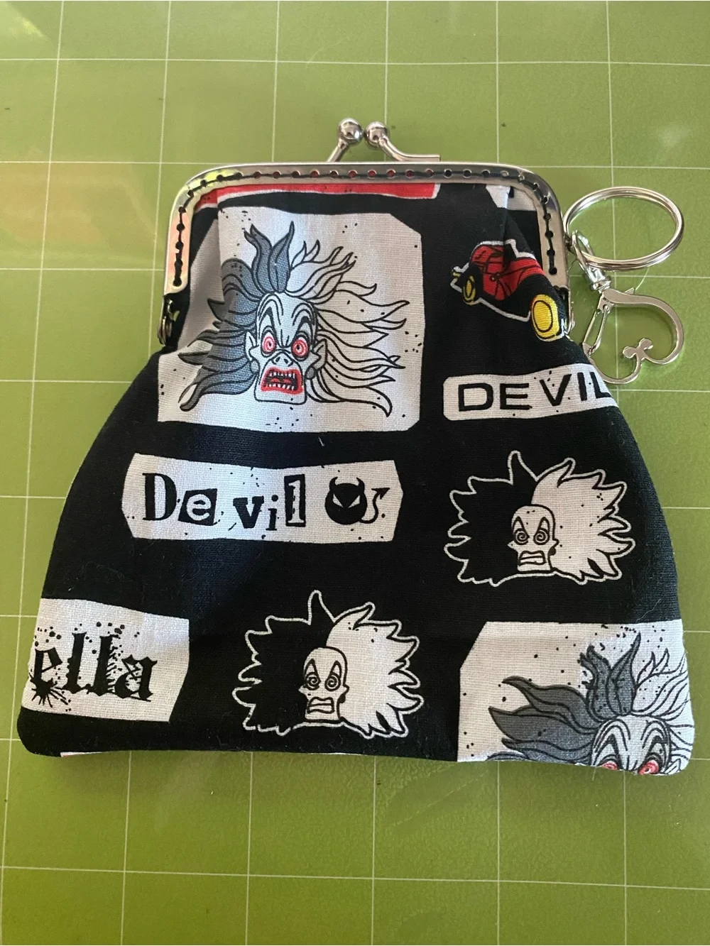 Handmade Cruella Black Coin Purse with heartshaped keyring